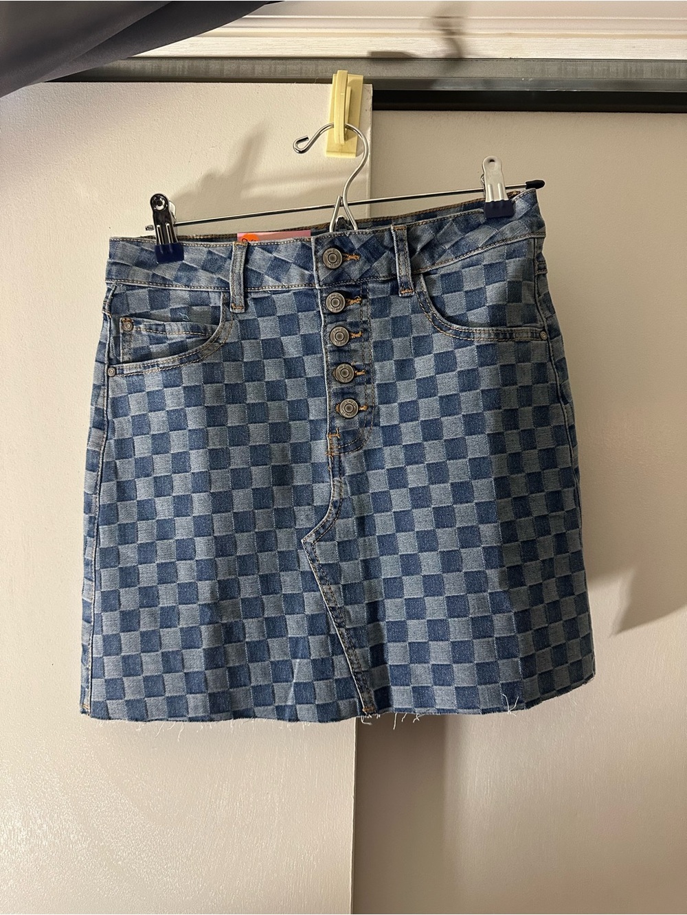 Checkerboard Blue Denim Button-Front Mini Skirt